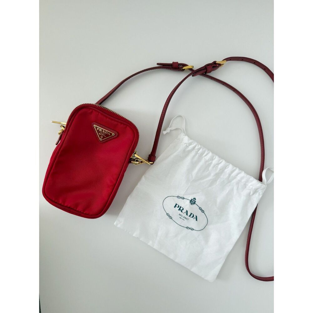 Prada Tessuto Double Zip Phone Case Crossbody Bag Red Nylon Mini Bag Authentic - Picture 4 of 8